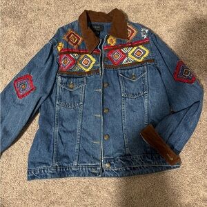 Vintage Embroidered Denim Jacket with Brown Accents